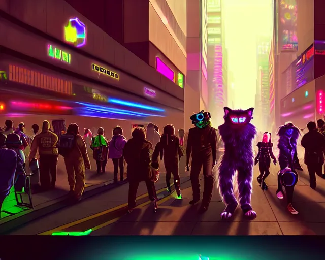 Image similar to high - resolution photograph from a cyberpunk era furry fandom convention ( midwest furfest 2 0 4 7 ), taking place after the genetic revolution and quantum singularity. photorealistic.