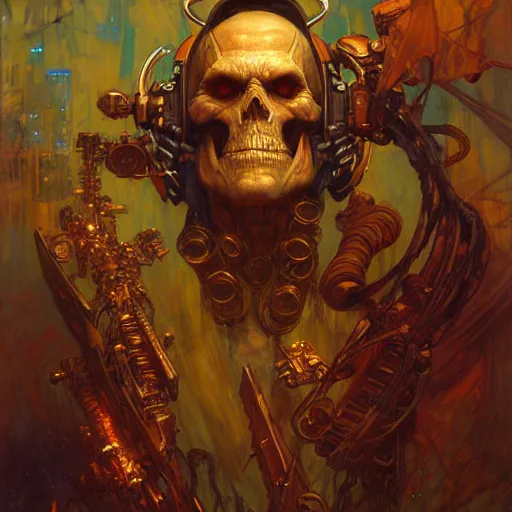 Image similar to portrait of skeletor. shadowrun cyberpunk fantasy highly detailed painting by gaston bussiere craig mullins jc leyendecker gustav klimt artgerm greg rutkowski john berkey, bergey, craig mullins, ruan jia, raymond swanland, jeremy mann, tom lovell, alex malveda