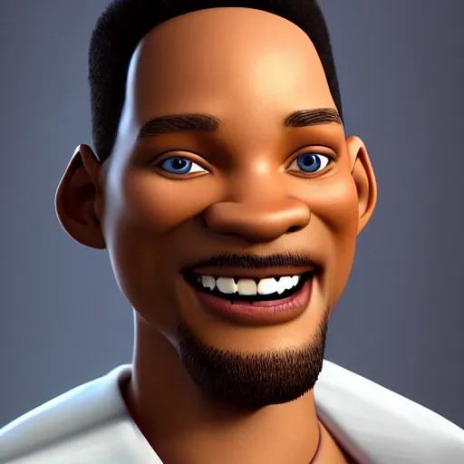 Image similar to hyperdetailed 3 d cartoon render of cartoon will smith in a confident expressive pose, cartoon eyes!!!!! caricature, exaggarated facial features, cute cartoon style, white background, low angle shot, cinematic studio lighting, studio quality, octane render, unreal engine 5, trending on artstation, art by sebastian jm, 8 k