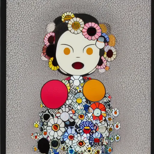 Prompt: by takashi murakami paper embossing, field of view forbidding. a collage of a young woman holding an orange