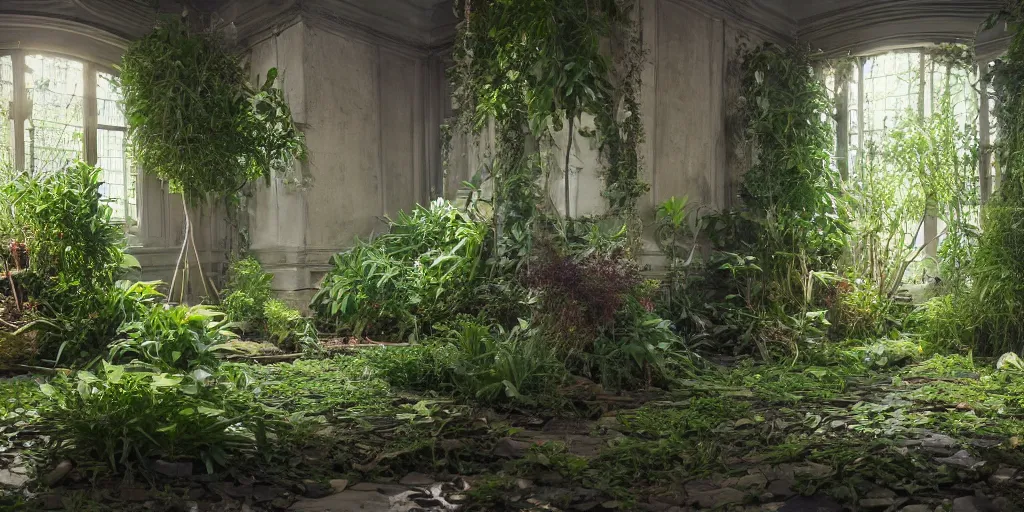 Image similar to two seats made of plants in a completely back room, hyperrealistic, concept art, octane render, unreal engine 5, trending on artstation, high quality, highly detailed, 8 k hdr, soft lighting, path traced, black background, bloom, high coherence, symmetrical, high contrast, digital art, serene landscape, cinematic