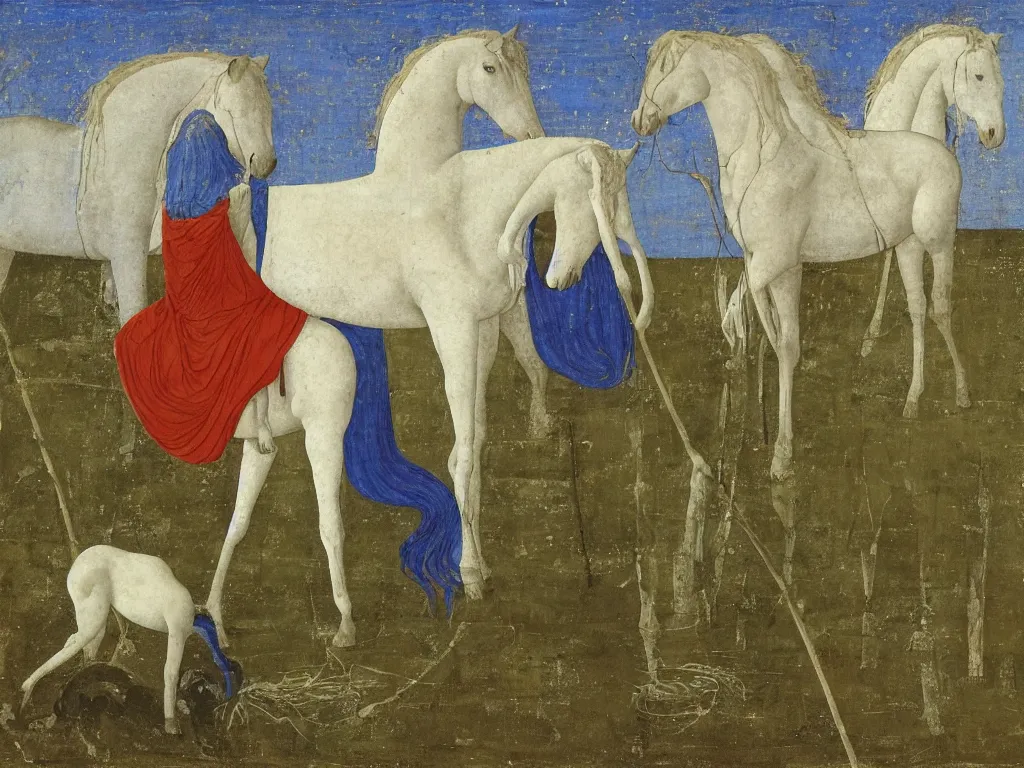 Image similar to Horse with monk in the mud, in the swamp. Lapis Lazuli, malachite, cinnabar. Painting by Piero della Francesca, Agnes Pelton