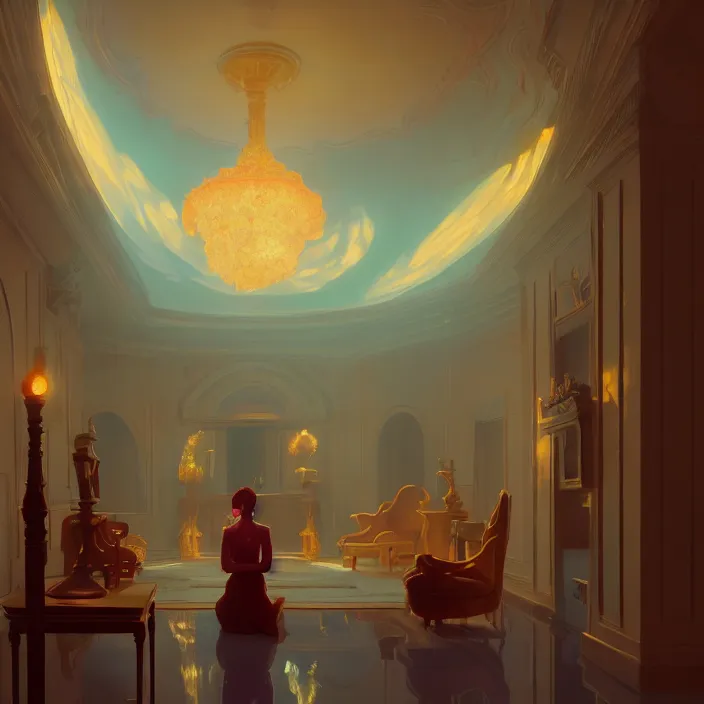 Prompt: subsurface scattering, beautiful interior of a stunning mansion with statues inside, vibrant colors, atey ghailan, delphin enjolras, goro fujita, makoto shinkai, rim light, exquisite lighting, octane render, very coherent, trending on artstation