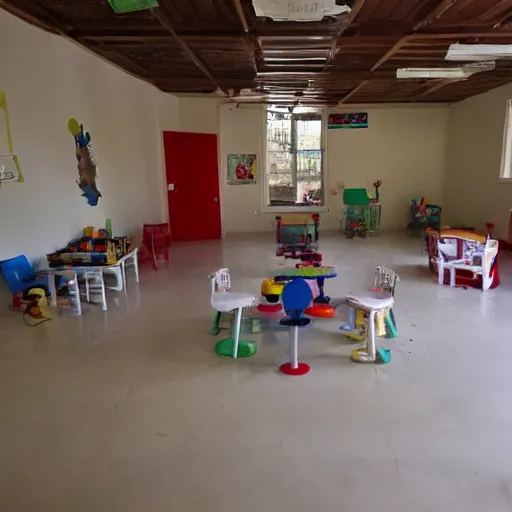 Image similar to childrens daycare indoors limital space, not well litt, creepy photo