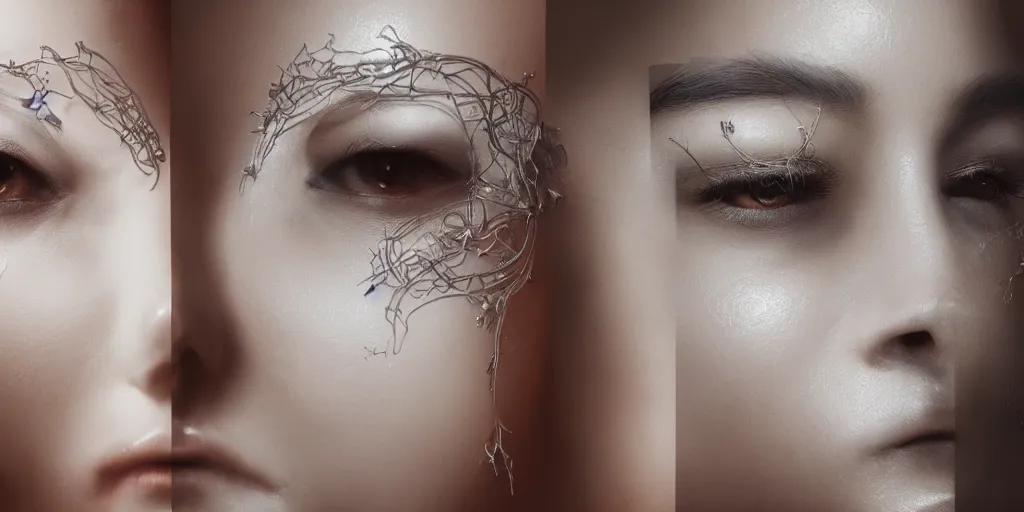 Prompt: hyper realistic photography of a beautiful cyborg female, intimate holding close, in the style of beth cavener, jin kagetsu, wlop, westworld opening scene, highly detailed, intricate filigree, symmetry, masterpiece, concept art, highkey lighting, ambient lighting, octane render, 8 k, artstation
