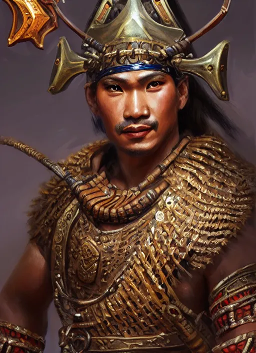 Prompt: smart tai warlord, closeup portrait, historical, ethnic group, traditional tai costume, sukhothai costume, bronze headset, fantasy, intricate, with leather armor cross onbare chest, elegant, loin cloth, highly detailed, oil painting, artstation, concept art, matte, sharp focus, illustration, hearthstone, art by earl norem