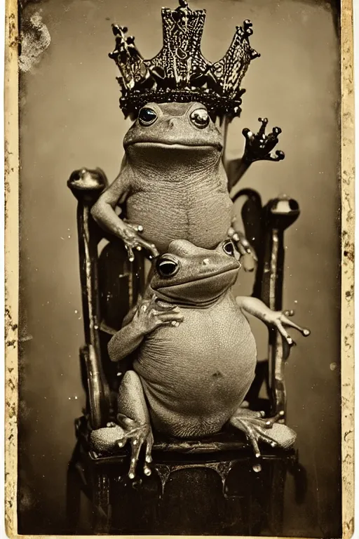 Image similar to a wet plate photo of an anthropomorphic frog sitting on a throne wearing a crown