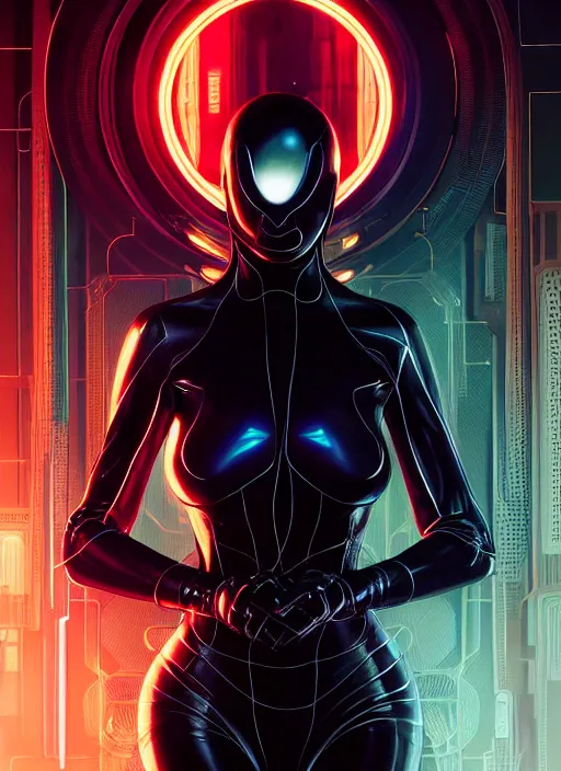 Image similar to symmetry!! portrait of a symbiote woman, sci - fi -, cyberpunk, blade runner, glowing lights, tech, biotech, techwear!! intricate, elegant, highly detailed, digital painting, artstation, concept art, smooth, sharp focus, illustration, art by artgerm and greg rutkowski and alphonse mucha