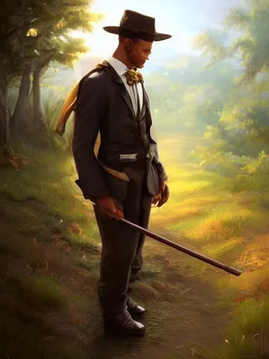 Image similar to a handsome young man holding a adorned cane. walking in a rural area. intricate, elegant, highly detailed, digital painting, artstation, concept art, sharp focus, illustration, by justin gerard and artgerm, 8 k