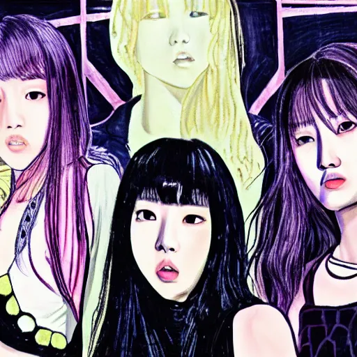 Image similar to BLACKPINK K-pop band painted in style of Juni Ito