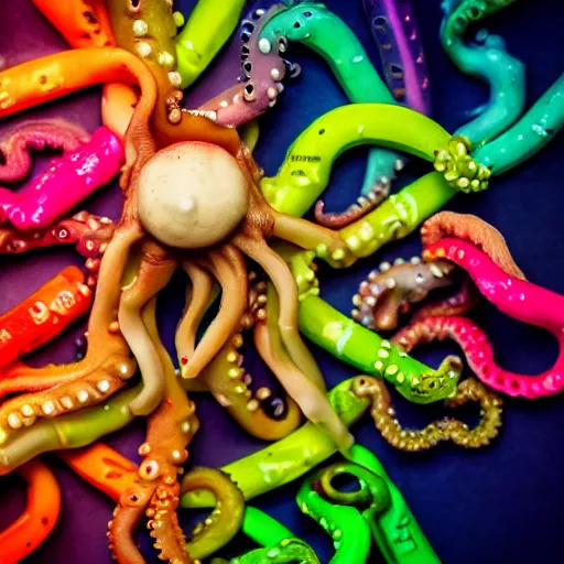 Prompt: octopus tentacles emerging creepily from beneath the lid of a box of crayons. 8 k photo with dramatic lighting.