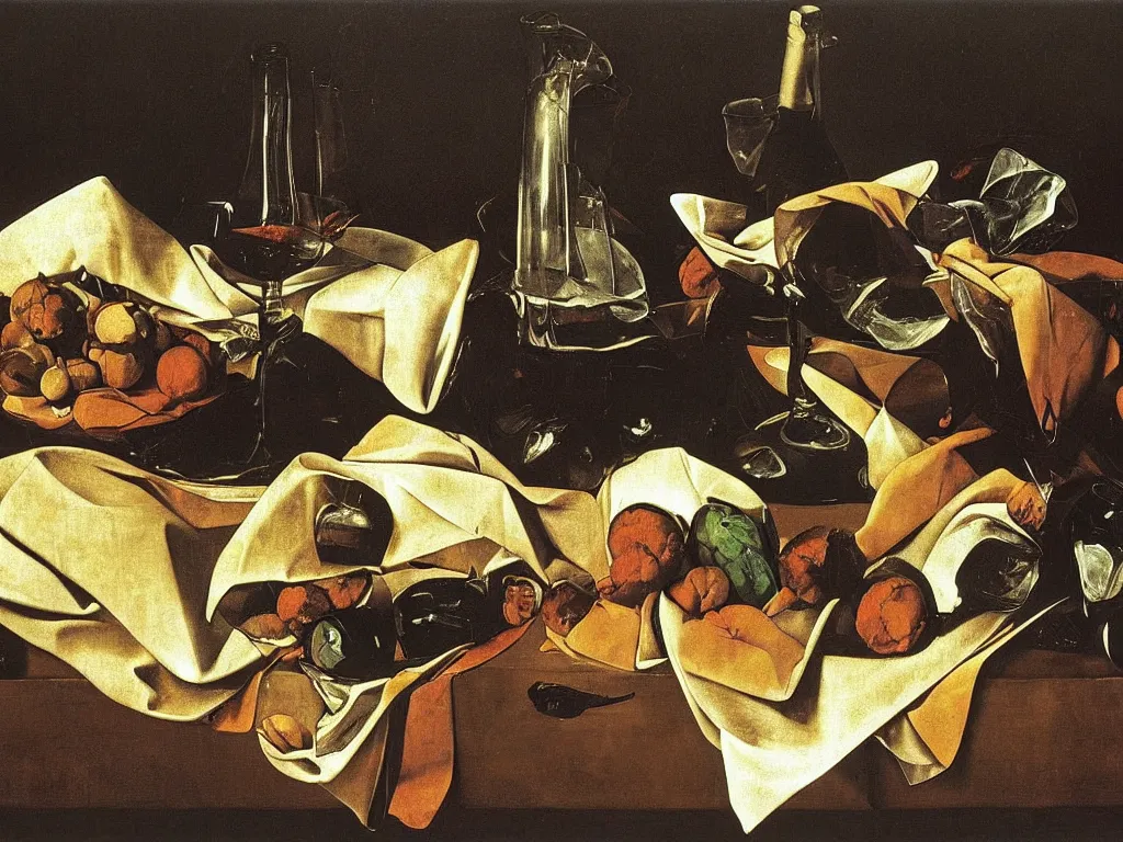 Image similar to by Michelangelo Merisi da Caravaggio Still Life with shattered and whole wine bottles