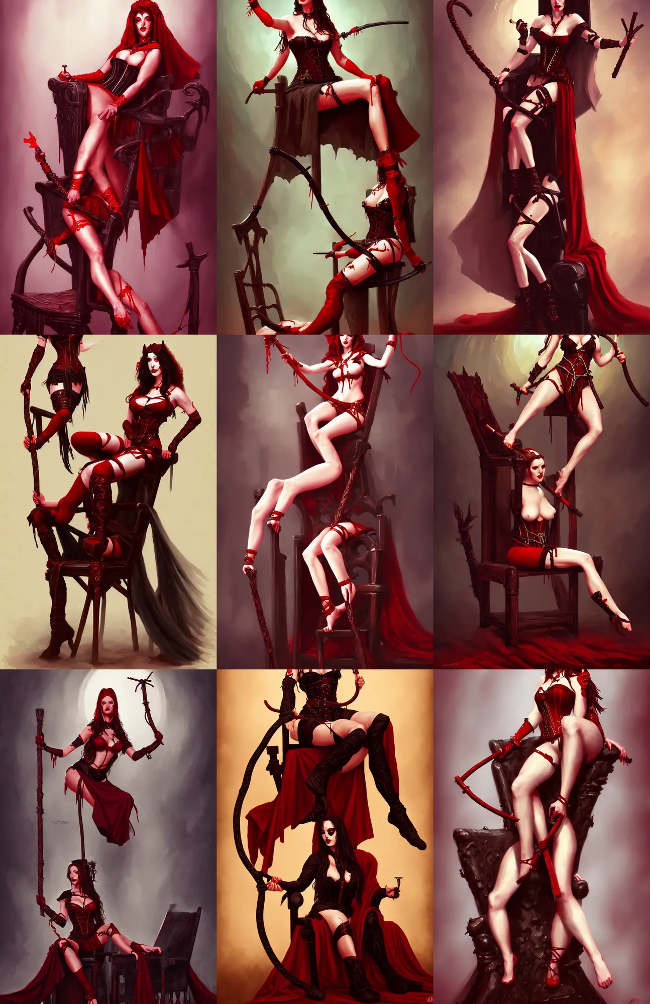 Image similar to beautiful priestess of loviatar, holding a nine stranded whip, blood red lips, wearing corset, dominant pose with leg on a chair, digital art inspired by brom art and artstation