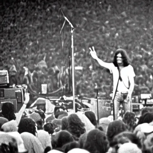 Prompt: high resolution photo of neil young on stage at woodstock in 1 9 6 9, award winning photography