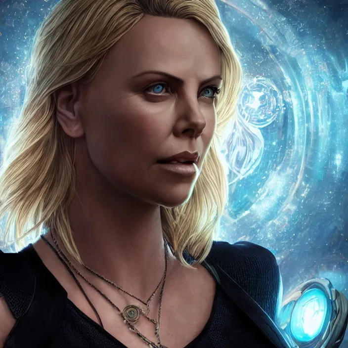 Prompt: portrait of ((Charlize Theron)), wearing The Infinity stones. SNAP. intricate artwork. octane render, trending on artstation, very coherent symmetrical artwork. avengers. thanos. cinematic, hyper realism, high detail, octane render, 8k, iridescent accents