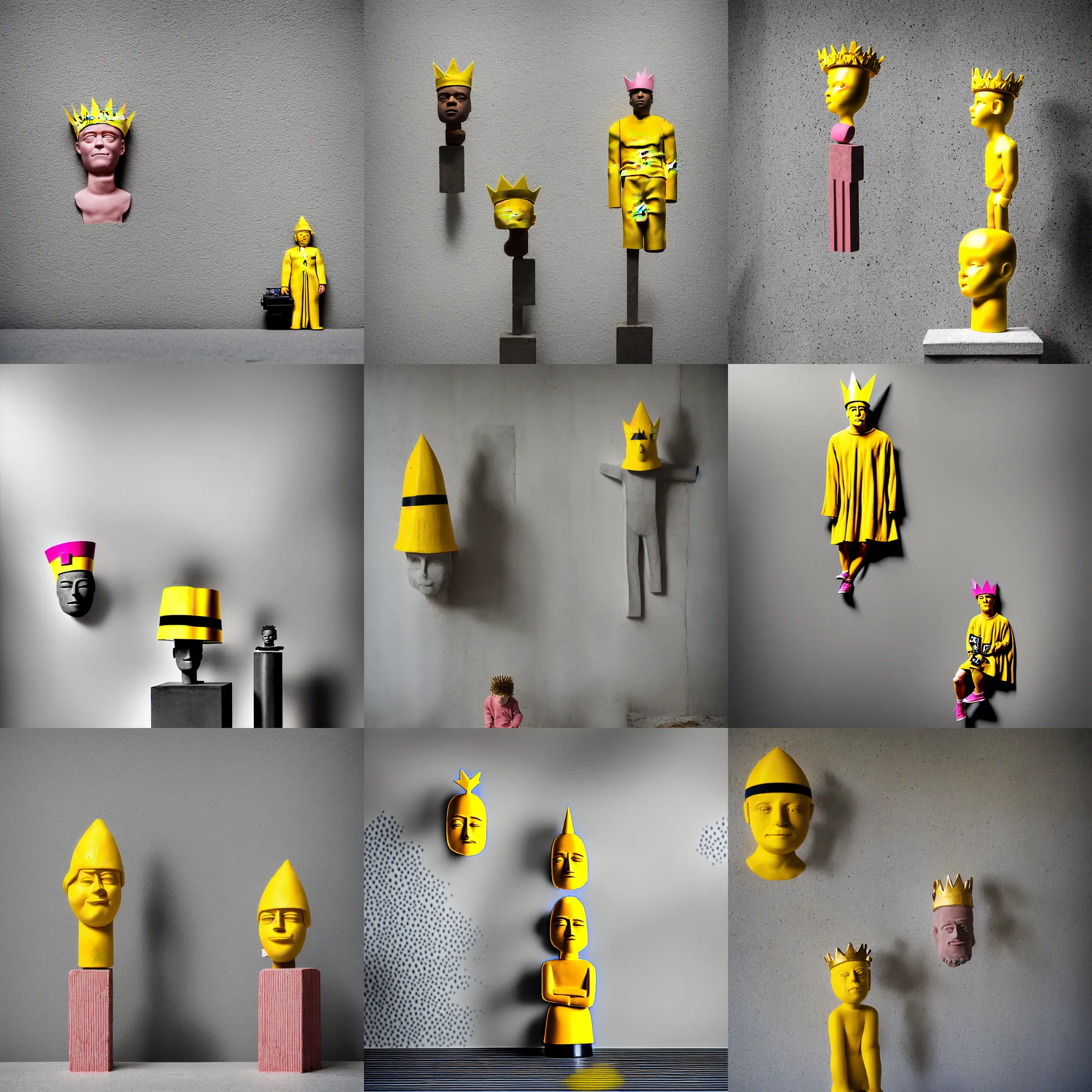 Image similar to kodak portra 4 0 0, 8 k, shot of a highly detailed, britt marling style, colour still - life portrait of a large minimalistic room, rough concrete walls, the wooden statue of a yellow black striped little man with pink crown on his head