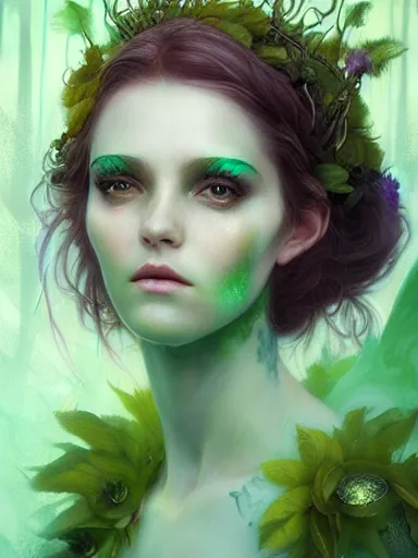 Image similar to green!! forest fae ; by james jean, charlie bowater, tom bagshaw, nikolay makovsky, melanie delon : : enchanting, ethereal, magical, glowing, sparkle, iridescent, flowerpunk, portrait, character design, illustration, hyperrealism, photorealism, digital art, concept art, dark fantasy, weta, wlop, artstation