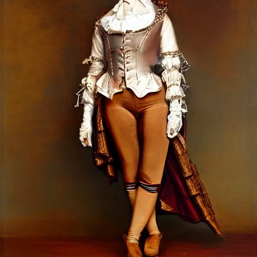 Prompt: A woman dressed in an 18th Century Steampunk costume wearing an intricate metal mask and high heeled knee length boots, in the style of Willam Etty, painterly, realistic, natural media, oil painting, full figure, asymmetrical, standing pose