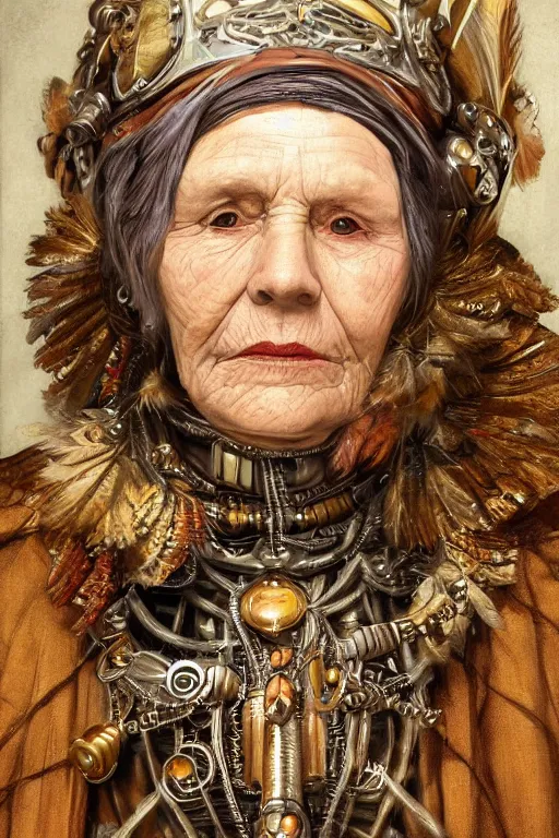Prompt: portrait, headshot, digital painting, of a old 17th century, old lady cyborg merchant, amber jewels, clorful feathers, baroque, ornate clothing, scifi, futuristic, realistic, hyperdetailed, chiaroscuro, concept art, art by Waterhouse
