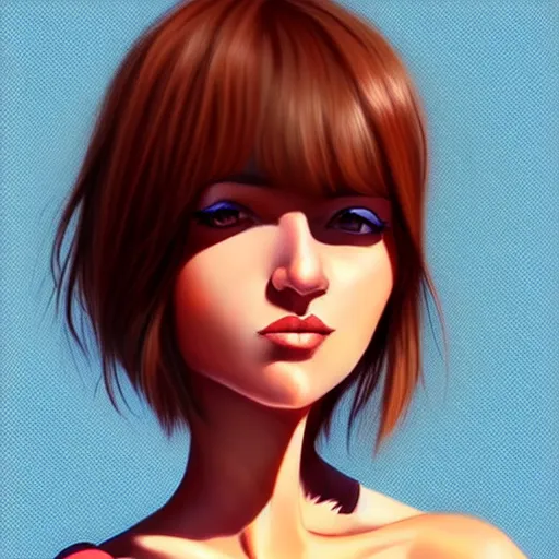 Image similar to animation character design girl, handrawn dynamic pose, french bob hair, short hair, brown eyes, realistic, 4 k!!!, art station