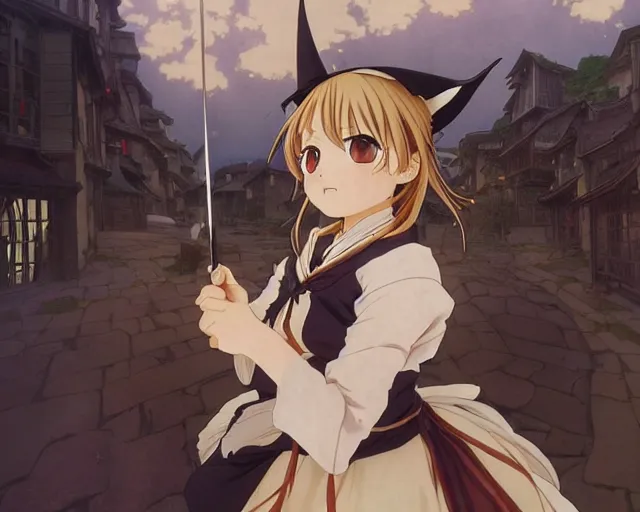 Image similar to kyoani, murata range, key anime visual portrait of a young female witch walking through a busy medieval village, dynamic pose, dynamic perspective, cinematic, dramatic lighting, muted colors, detailed silhouette, textured, anime proportions, alphonse mucha, perfect anime, yoh yoshinari, takashi murakami