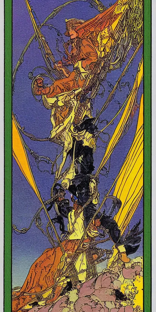 Image similar to the tarot card of the charriot painted by moebius.