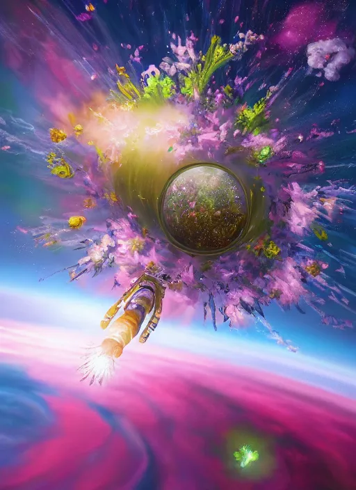 Image similar to An epic fantastic realism comic book style painting of the most beautiful flowers launched into space, bouquets, everything being pulled into a black hole, floral meteor, fisheye, unreal 5, DAZ, hyperrealistic, octane render, dynamic lighting