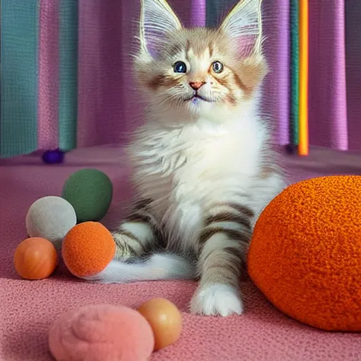 Prompt: digital artwork of a playful cream - colored maine coon kitten is alone and plays with its toys batting them around and chasing them on a colorful round throw rug with tassels in the middle of a dusty kitsch filled parlor. a beam a dusty light comes in from a window. the key light is soft, diffused. the round throw is brightly lit. warmth, nostalgia.