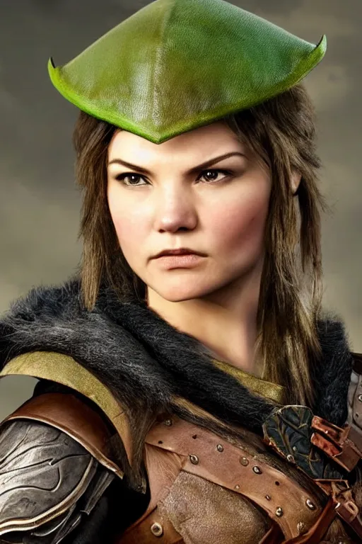 Prompt: fantasy character photo. female ranger. danielle campbell. facial expression of manic obsessive love. tall, lanky, athletic, wiry. brown & dark forestgreen leather armor. small tilted lightgreen feathered cap worn at jaunty angle. black hair in ponytail. bright blue eyes. consulting in secret with an unseen, shadowy informant