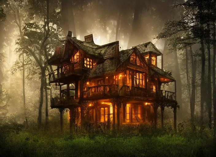 Prompt: house in a clearing in the middle of the forest, beautifully lit, steampunk, by sylwia bomba