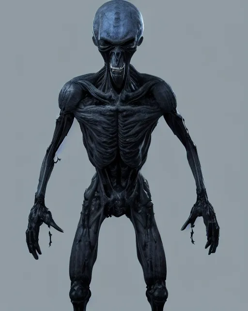 Image similar to full body dark and intimidating portrait of an angry grey alien with sharp glowing black eyes, standing upright with blue wispy light highlighting from behind its figure on a black background, scary, dark and high resolution, 3 d, rim lighting, octane render, 8 k, ultra detailed, photorealistic,