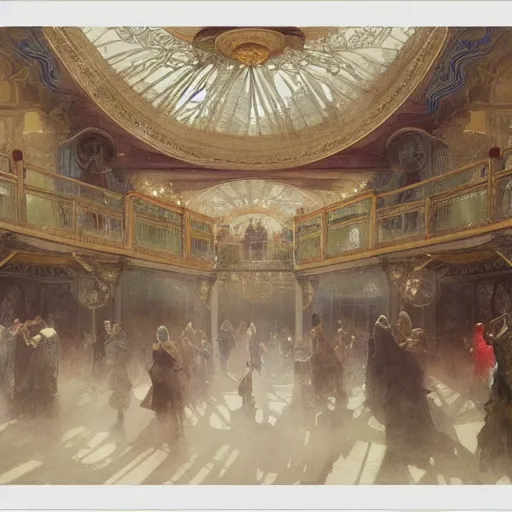 Prompt: a beautifull intricate watercolour painting of a ballroom, reflexions, verry high details by william turner art, greg rutkowski and alphonse mucha, trending on artstation, very very detailed, masterpiece, muted colors