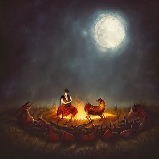 Image similar to strange mythical beasts of sitting around a fire under a full moon, surreal dark uncanny painting by ronny khalil