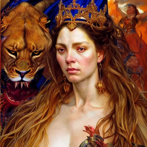 Prompt: highly detailed portrait of a majestic lioness queen in the form of a beautiful woman. d & d. art by donato giancola and eugene delacroix and ruan jia and carl larsson. trending on artstation, intricate details, energetic composition, golden ratio, concept art, illustration, elegant art, global illuminaition