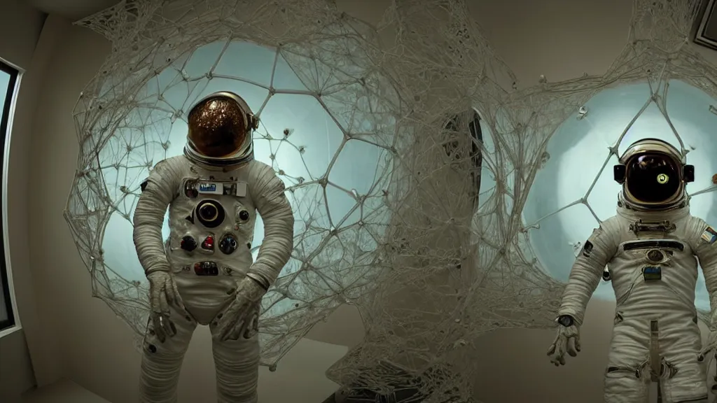 Image similar to a single astronaut eva suit interwoven with diamond 3d fractal lace iridescent bubble 3d skin and covered with insectoid compound eye camera lenses floats through the living room, film still from the movie directed by Denis Villeneuve with art direction by Salvador Dalí, wide lens,