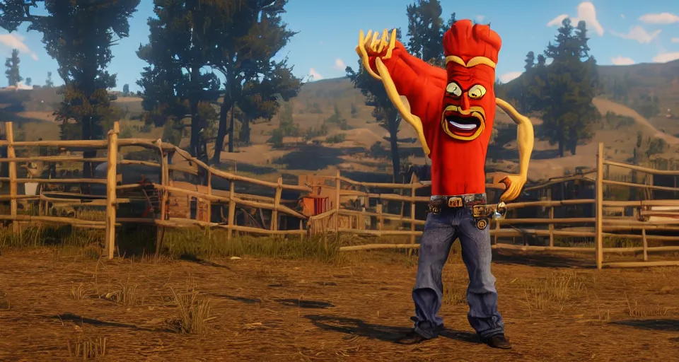 Image similar to Screenshot of Frylock from Aqua Teen Hunger Force as a 3d cowboy in full cowboy attire in the videogame 'Red Dead Redemption 2'. Sharpened. 1080p. High-res. Ultra graphical settings.