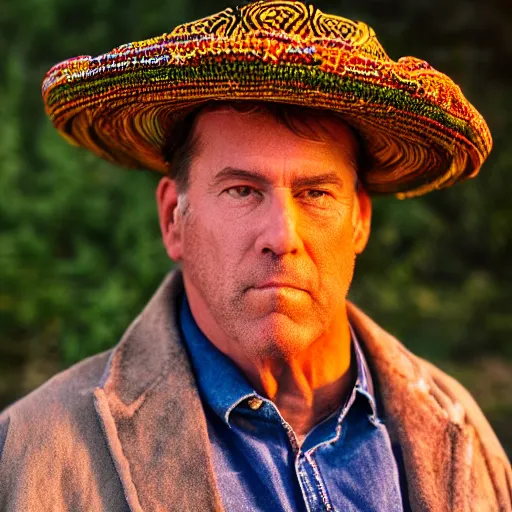 Image similar to A portrait of Kramer wearing a sombrero with a shallow depht of field, bokeh, dramatic lighting