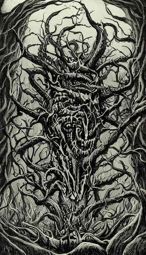 Image similar to a storm vortex made of many demonic eyes and teeth over a forest, by h. p. lovecraft