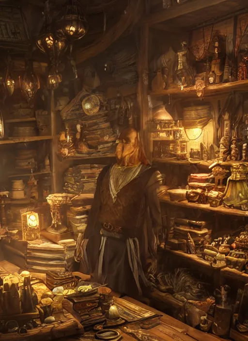 Prompt: merchant in his store selling things, ultra detailed fantasy, elden ring, realistic, dnd, rpg, lotr game design fanart by concept art, behance hd, artstation, deviantart, global illumination radiating a glowing aura global illumination ray tracing hdr render in unreal engine 5