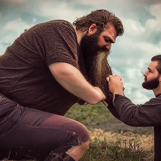 Prompt: a realistic photo of a large bearded man kneeling, being knighted by a king