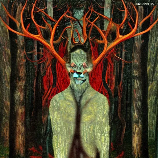 Image similar to A tall, dark forest god, with antlers, red eyes, forest, 3am, mist, moon, dark forest, red eyes in the style of Klimt