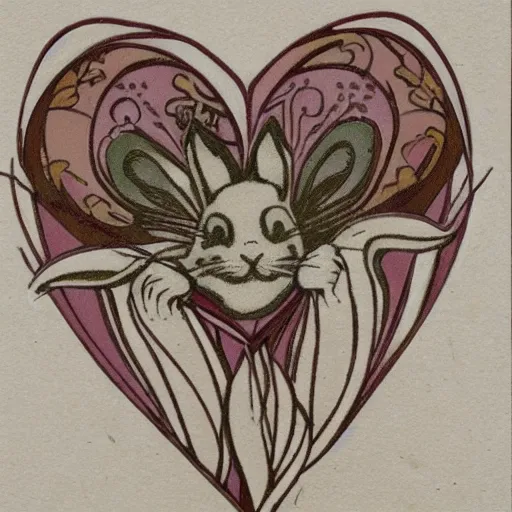 Image similar to artnouveau heart made of scary rabbits