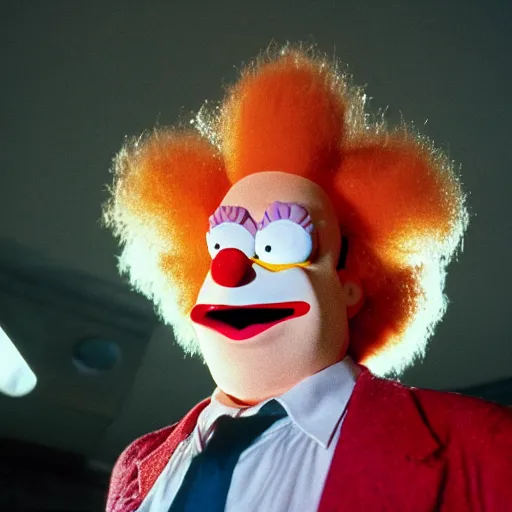 Image similar to still image of krusty the clown from the simpsons in the dark knight, cinematic, anamorphic, 8 0 mm f / 2. 8, real, 3 5 mm film, movie