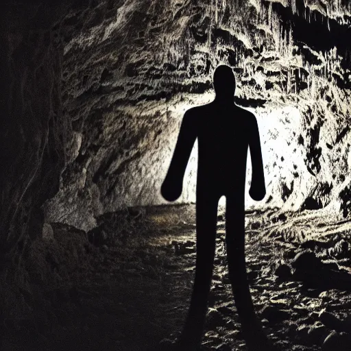 Prompt: A super creepy shadow figure in the darkness of a cave, 35mm, flash photography