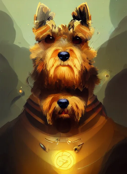 Image similar to norwich terrier as an superhero, backround dark, highly detailed, digital illustration, trending in artstation, modern painting, smooth, sharp focus, intricate, by peter mohrbacher