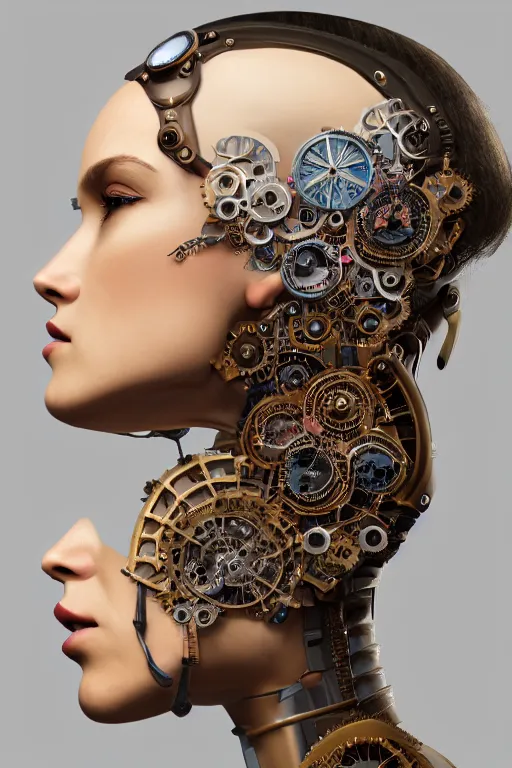 Prompt: profile face portrait of a beautiful female steampunk cyborg, high fashion, capacitors, neon lenses for eyes, mandelbrot fractal, anatomical, white flesh, facial muscles, wires, microchip, veins, arteries, full frame, microscopic, elegant, highly detailed, ornate, rim light, octane render, h. r. giger, and bouguereau