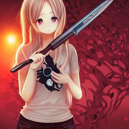 Image similar to portrait of a cute beautiful girl holding a balisong, anime digital art, creepy