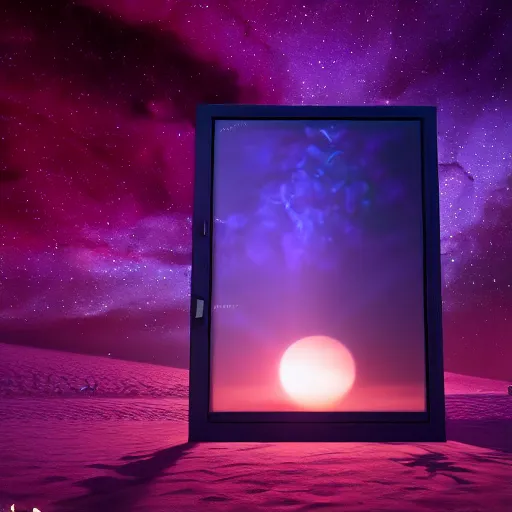 Image similar to purple refrigerator on red beach, nebula sunset, digital art, cosmic, 3 d high definition, trending on art station, photorealistic, high resolution, 8 k, octane, hyper detailed, insane details, intricate, elite, ornate, elegant trend, highly detailed and intricate, sharp focus, photography, unreal engine