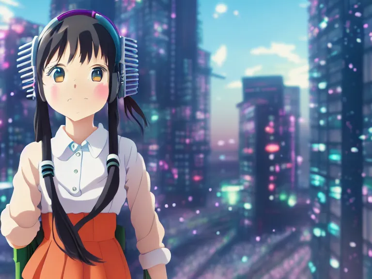 Image similar to anime fine details portrait of joyful school girl in front of cyberpunk moder city landscape on the background deep bokeh, close-up view, anime masterpiece by Studio Ghibli. 8k, sharp high quality anime, artstation