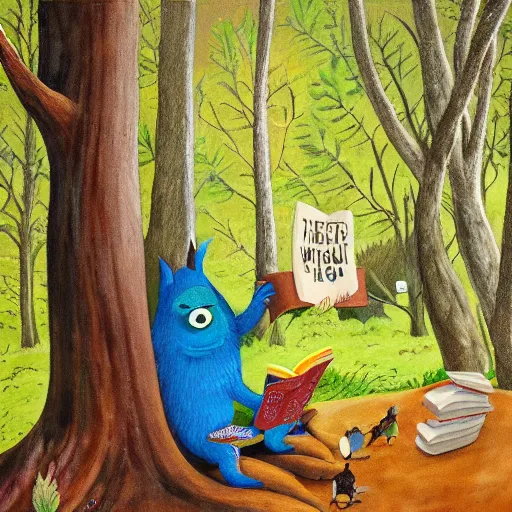 Prompt: monster reading a book in a forest, where the wild things are, bicycle nearby, oil on canvas, calm